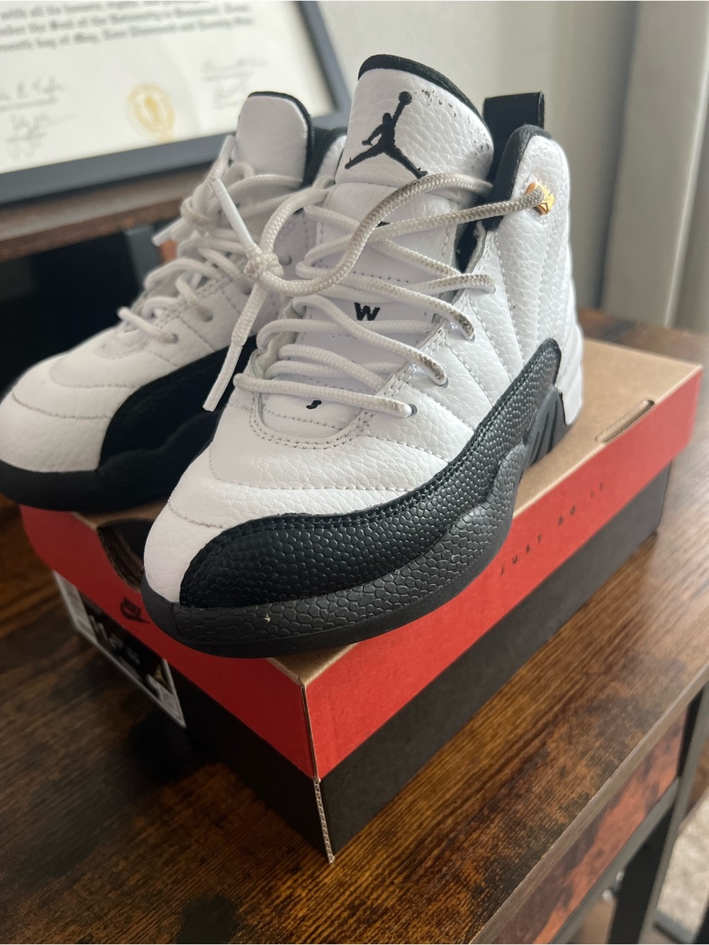 Jordan Kids White and Black Sneakers with Gold Accents